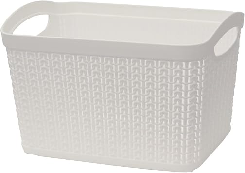 JVL Knit Design Loop Plastic Rectangular Small Storage Basket with Handles, White, 20 x 26 x 17 cm, 6.6 litres