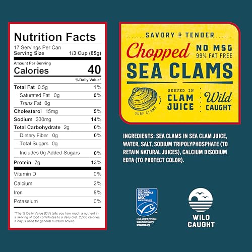 Image of Snow's Chopped Sea Clams in Clam Juice, 51 oz Can - Premium Grade Wild Caught Gourmet Surf Clams - 7g Protein Per Serving - Gluten Free, Keto Friendly, 99% Fat Free (Pack of 3)