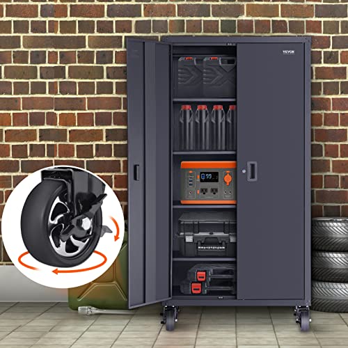 Vevor Metal Storage Cabinet With Wheels, 200 Lbs Load Capacity Per Shelf, 72'' Tall Powder-Coating Steel Garage Cabinet With 4 Adjustable Shelves, Magnet Doors & Lock, Perfect For Office Home Garage #TOP21