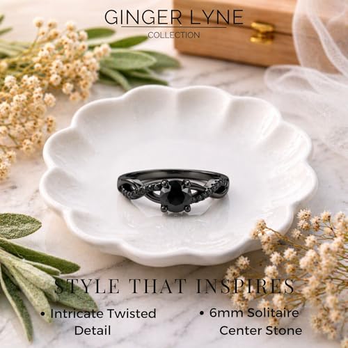 Queena Engagement Ring for Women by Ginger Lyne | Black Rhodium Plated 925 Sterling Silver Black Cubic Zirconia Solitaire Ring | Elegant Black Promise Ring or Travel Decoy Ring for Proposals & Special Occasions