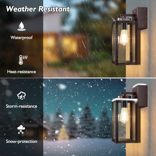 Image of BesLowe Porch Lights with Outlet, Brown Modern Outdoor Wall Light Fixtures | UL-Listed Extra Power Socket, Waterproof, Rust-Resistant, Durable Metal with Clear Glass, Easy to Install
