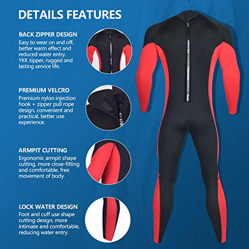 Hevto Men Wetsuits 3/2mm Neoprene Back Zip Fullsuit Scuba Diving Wet Suit Surfing Swimming Keep Warm in Cold Water (M03-Red, MT)