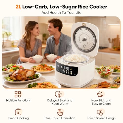 2L Rice Cooker, 10 in 1 Low Carb Cooker with Steamer, Healthy Non-stick Coating Small Rice Maker, 24H Delay Timer, 8H Keep Warm, for 1-3 People, Rice Maker for Grains, White Rice, Porridge, and Soup - Image 3