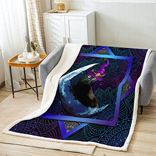 Cat Fleece Blanket Kawaii Throw Blanket 90"X90",Witch Hat Kitten Cute Blanket For Kids Child,Bohemian Mandala Paisley Boho Floral Sherpa Blanket Exotic Pet Animal Sofa Decor Purple Blue #TOP1