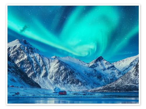 Aurores boréales Lofoten poster 70x50 décoration murale bleu paysage