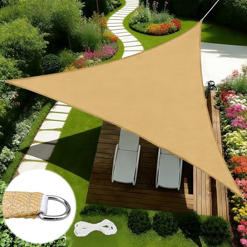 12\'x12\'x12\' Triangle Sun Shade Sail, UV Block Breathable Awnings with Wear Tear Fade Resistant Ropes, Durable Sunshades for Outdoor Patio, Garden, Deck, Yard (Sand)