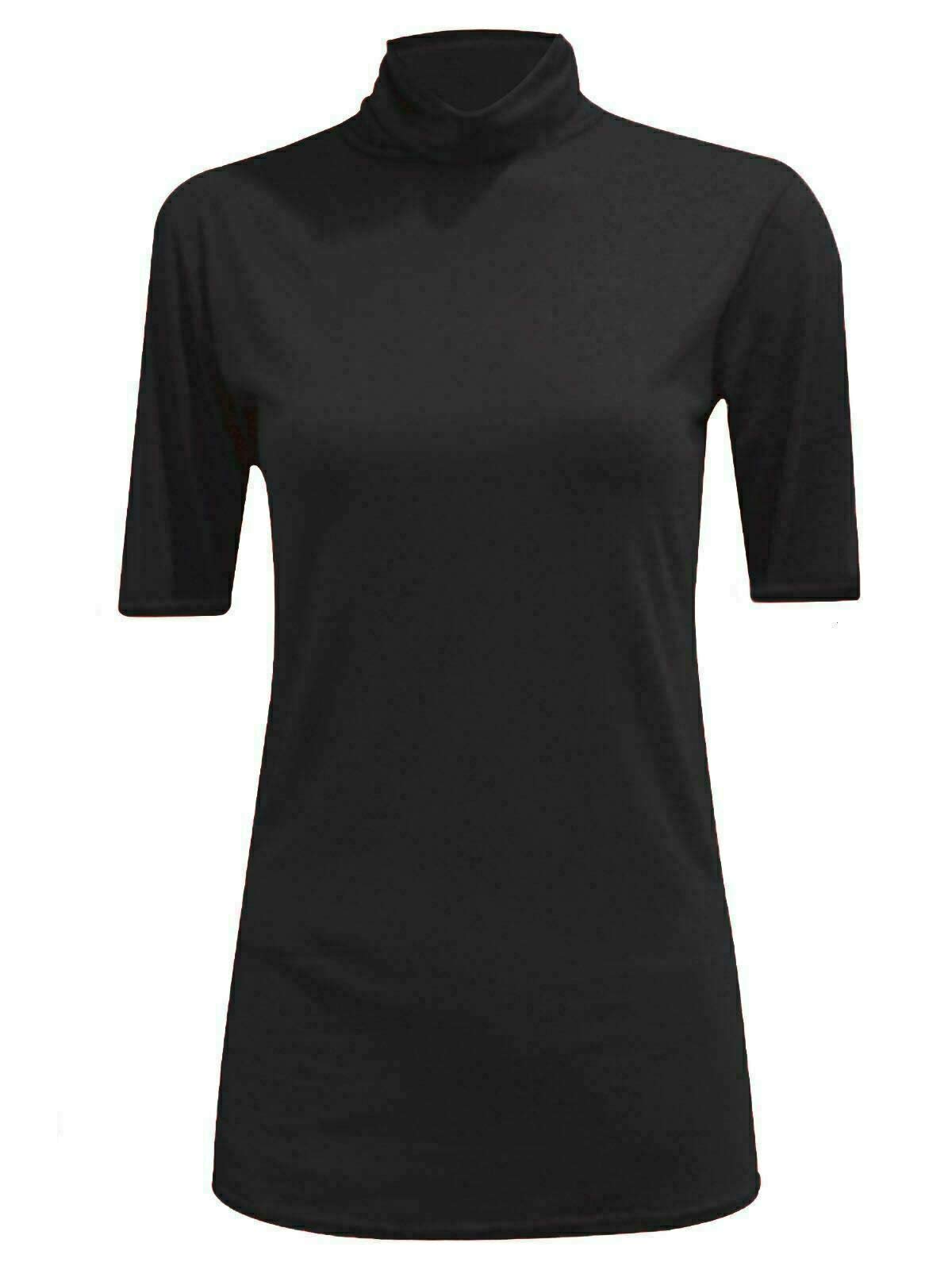 METLUQ M0D4Ladies Turtle Polo Roll Neck Short Sleeve Plain Stretch T Shirt Top Jumper 8-26