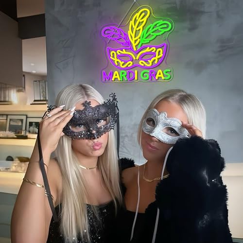 Image of Mask Neon Sign Mardi Gras LED Wall Light Dercoration Gift for Fat Tuesday | 12.6in*13.2in,Adjustable brightness (5 levels),Powered by USB port,Applicable to Carnival, Masquerade Ball, Bar, Club, Party
