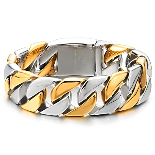 COOLSTEELANDBEYOND Mens Two-Tone Stainless Steel Curb Chain Bracelet, Silver and Gold-tone Large Metal Wristband, Statement Jewelry Gift