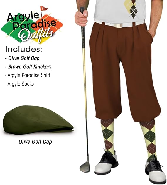 Argyle Paradise Outfit - Mens J: Butter Olive and Brown Complete Golf Outfit - Waist Size 48 - Shirt Size Small