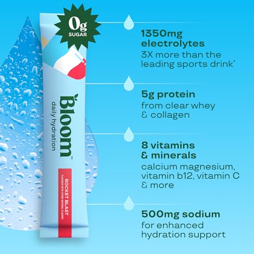 Image of Bloom Daily Hydration Electrolyte Powder Packets with Collagen, 5g Protein, Electrolytes, Vitamins & Minerals, Sugar Free Drink Mix, Rocket Blast, 5 Count (Pack of 2)