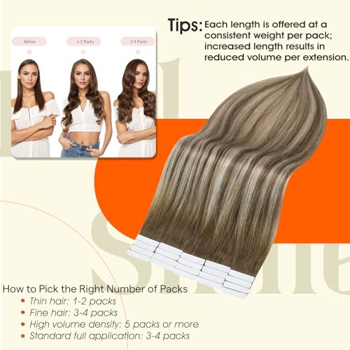 Image of Full Shine Tape in Hair Extensions Human Hair,Seamless Invisible Hair Extensions Tape in for Wedding,6 /60 /6 Light Ash Brown to Beige Blonde And Light Ash Brown Ombre,12Inch 30G 20Pcs,Natural Finish