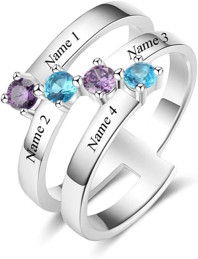 10K/14K/18K Gold Personalized 4 Name Ring with Birthstone for Women,Solid Gold Custom Family Rings Engrave Multiple Names Mother's Day Bithday Christmas Gifts for Wife Mom Grandma