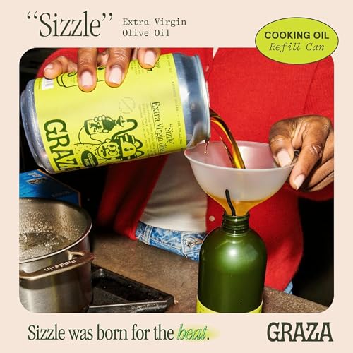 Image of Graza Sizzle Extra Virgin Olive Oil, Cooking Oil - High Polyphenol Peak Harvest EVOO Cooking Oil in a Squeeze Bottle - Single Farm Olives from Spain - 25.3 Fl Oz (750ml) Refill Can (Pack of 2)