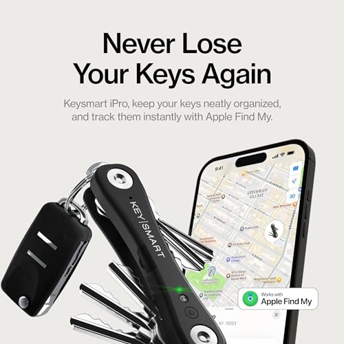 KeySmart iPro Key Finder Locator with Sound - Keychain Key Holder, Apple Find My App Compatible, Key Organizer, Compact Clutter-Free Key Chain Tracker, Tech Gifts for Men (Up to 14 Keys, Black)