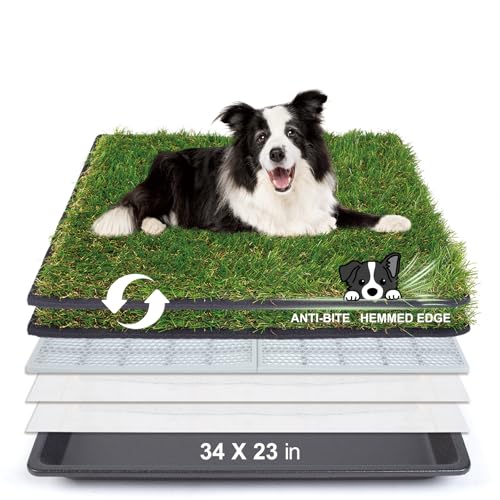 HQ4us Dog Grass Pad with Tray Large 34”×23” Dog Litter Box Toilet with 2×Artificial Grass for Dogs with Hemmed Edge, Pee Pads for Dogs, Realistic, Less Stink, Potty for Balcony