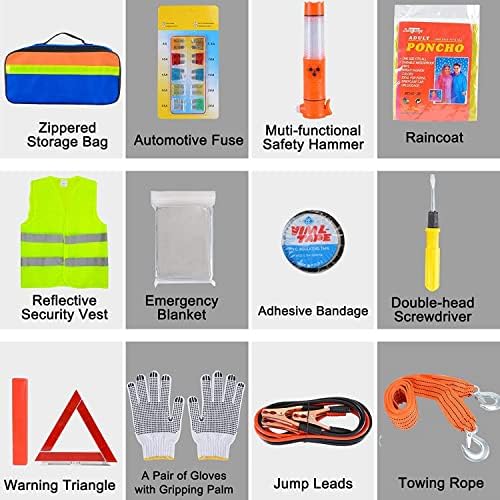 KAHEIGN 12 in 1 Car Emergency Kits, Auto Safety Tools Car Breakdown Kit Included Warning Triangle, Visibility Vest, Tow Rope, Utility Hammer, Jump Lead, Car Fuse, Storage Bag - for EU Road Assistance