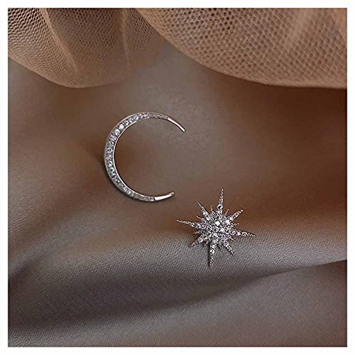 Yheakne Boho Star Moon Studs Earrings Silver CZ Sunburst Earrings Rhinestone Crescent Moon Earrings Mismatched Earrings Jewelry for Women and Girls