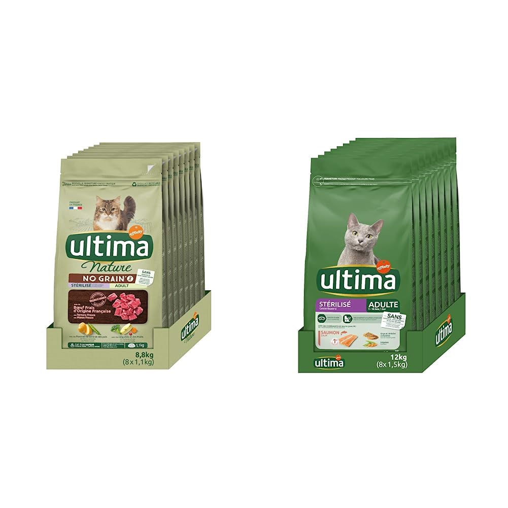 Ultima Nature No Grain Croquettes pour Chat Stérilisé Adulte sans Céréales au Boeuf: Pack 8 x 1,1 kg - Total: 8,8 kg & Ultima Croquettes Chat, Saumon, 1.5 kg (Lot de 8)