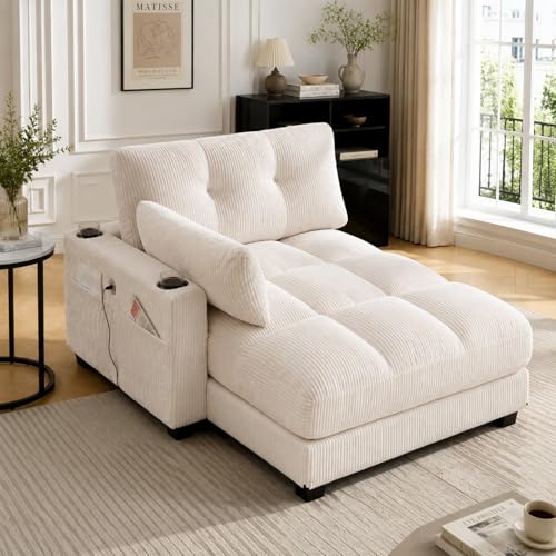 KOMHTOM Canapé d'angle Moderne 2 Places - Fauteuil Salon avec Ports USB/Type-C et Porte-Gobelets, Accoudoir Latéral à roulettes Amovible, pour Petit Espace...