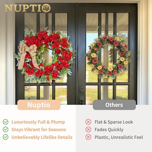 NUPTIO Geranium Wreath for Front Door: 24 Inch Summer Red Wreaths with Greenery Bow Hanger - Outdoor Realistic Artificial Silk Flower Spring Decor for Wall Window Porch Farmhouse Christmas by NUPTIO - Image 4