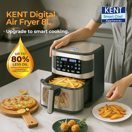 KENT Digital Air Fryer 8L | 1700W | Bake, Grill & Roast | Up to 80% Less Oil Usage | 7 Preset Menu | Digital Display & Touch Control Panel | Glass Window with in built Light | Auto Cut-Off Silver view 2