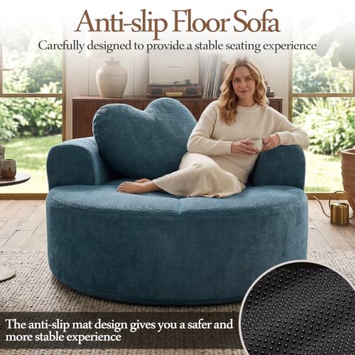 Image of Trustyue Boneless Couch,Comfy Fluffy Sofa Bed,Upholstered Sleeper Sofa with Cup Holder and Throw Pillows,Corduroy Plush Cloud Lounge Chair (Blue, Waffle Polyester)