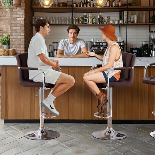 Image of Yaheetech Bar Stools Set of 4, Swivel with Backs, Adjustable Height, Brown