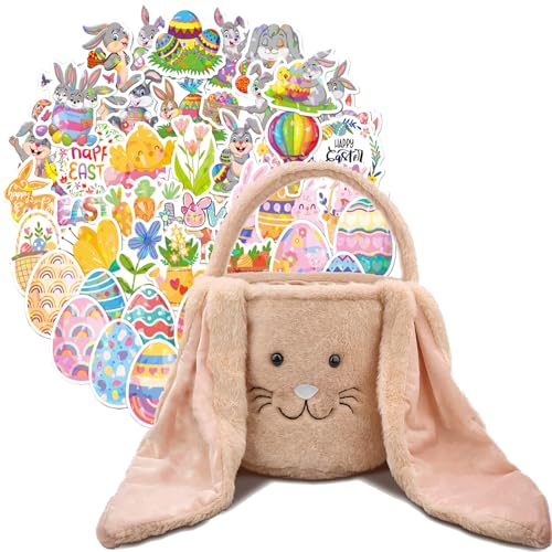 Image of Easter Bunny Basket for Kids, Cute Plush Big Ear Easter Basket with 50PCS Easter Stickers Pack for Boys Girls Easter Gifts for Egg Hunting Basket (Brown)