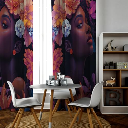 Contemporary Pop Art Inspired Blackout Thermal Curtains Featuring African American Woman with Floral Headdress – Eyelet Room Dividers for Studio or Bedroom (Each W52xL54in) - Image 3