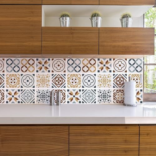 Image of Moroccan Tile Stickers | Waterproof Self Adhesive Peel & Stick Tile Decals for Kitchen Backsplash, Bathroom Wall, Floor, Furniture & Glass (8x8 Inch, Design 10, 36 Pic)