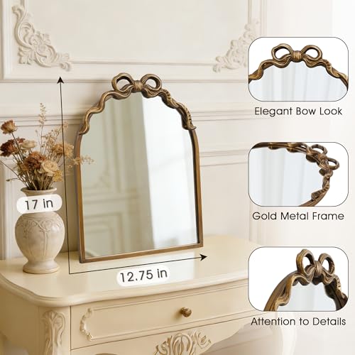 Image of Gold Bow Vintage Small 13x17 Arch Unique Wall Ornate Antique Mirror