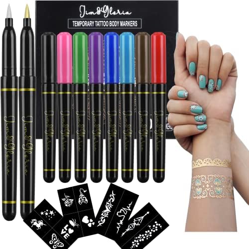 Jim&Gloria Body Art Tattoo Pen 10 Colors With Gold and Silver Fake Tattoos Brush Temporary Tattoo Kit Teen Girls Trendy Stuff for Birthday Friendsgiving Thanksgiving and Christmas gift ideas