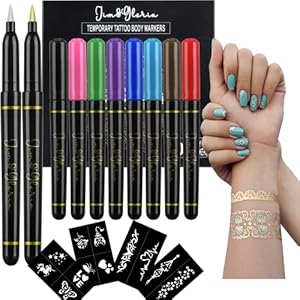 Jim&Gloria Skin Markers Temporary Tattoo Pen 10 Colors With Gold and Silver, Fake Body Paint Tattoos Brush Face Painting Kit Teen Girl Gifts Trendy Stuff Adults Kids Birthday Valentines Day Gift