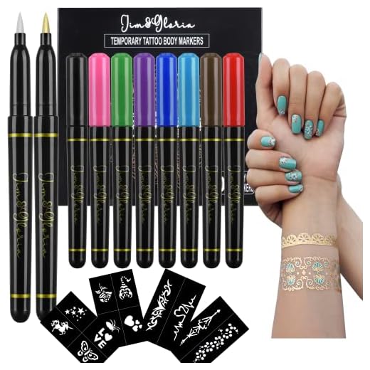 Jim&Gloria Marcadores de pele, caneta de tatuagem temporária, 10 cores com ouro e prata, tatuagens de tinta corporal falsa, maquiagem de Halloween, kit de pintura facial, presentes para meninas