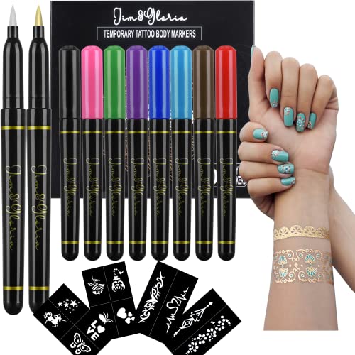 Jim&Gloria Skin Markers Temporary Tattoo Pen 10 Colors with Gold and Silver, Fake Body Paint Tattoos, Christmas Makeup, Face Painting Kit Teen Girl Gifts Trendy Stuff Adults, Birthday Gift by Jim&Gloria - Used condition - US$18.80