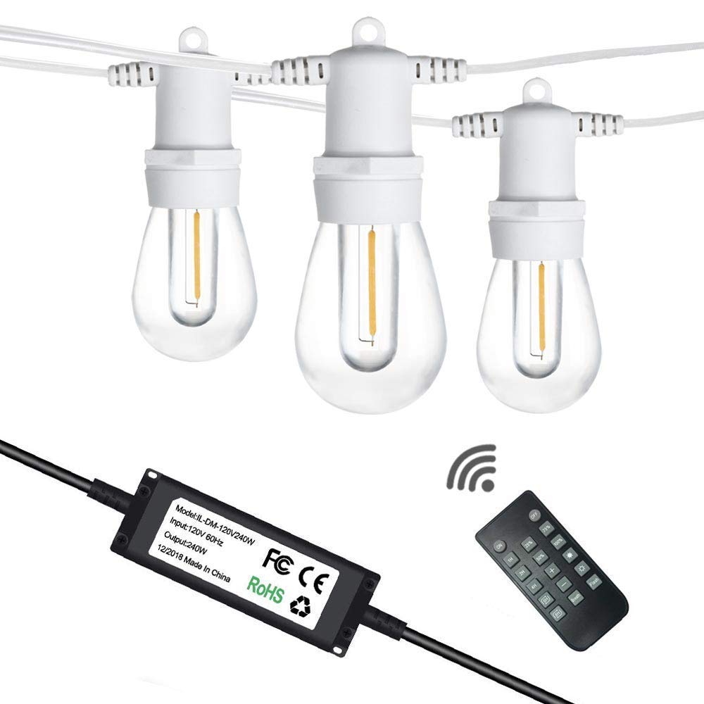 SUNTHIN Outdoor White String Lights 96FT with 240W Outdoor Dimmer for String Lights, Wireless Remote Control Dimmer 50Ft Distance Auto Off Switch Timer for LED Strings Lights