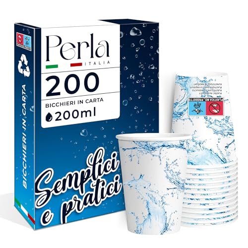 Perla - 200 Bicchieri di Carta da 200 ml - Bicchieri Monouso Ecologici con Rivestimento in Plastica - Adatti per Bevande Fredde e Calde - Bicchieri usa e getta per Acqua (Bianco Onde)