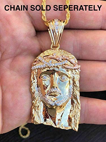 Harlembling Mens Icy Jesus Piece - Solid 925 Sterling Silver - 14K Yellow & Rose Gold Finish - 2" Tall - Fits Any Necklace Up To 8Mm Thick #TOP1