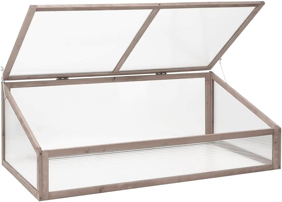 Wooden Cold Frame Greenhouse for Outdoor Garden, Grey Solid Fir Wood Garden Bed with Hinged Lid and Polycarbonate Cover for Plants, Vegetables, Herbs, 43.3 x 43.3 x 15.4 Inches