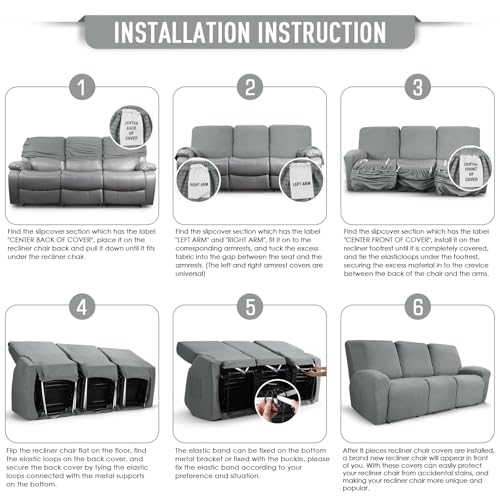 Image of TAOCOCO Recliner Sofa Covers 8-Pieces Stretch Large Couch Covers for 3 Seats Reclining Slipcovers Soft Jacquard Pattern Furniture Protector (Dusty Grey)