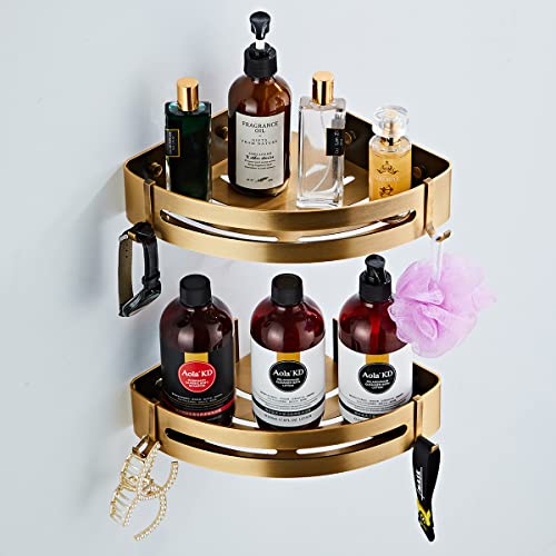 Bathroom Corner Shelf 2-Pack Shower Caddy Kitchen Organizer Wall Mounted Shampoo Holder With Hooks Antique Brass Color #TOP4