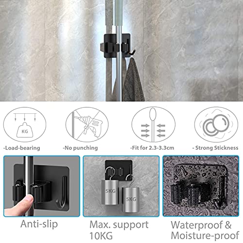 Homeasy (Black+Silver) Mop Broom Holder No Drill, Mop Broom Organizer Wall Mounted Heavy Duty With Hooks Hanger, Storage Rack Self Adhesive Stainless Steel 4Pcs For Bathroom, Kitchen, Office, Silver #TOP2