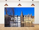 5x3ft Canal Side Buildings Backdrop Historic Brick Structures in Bruges Photography Background for European Travel and Wedding Theme Tapestry Decorations Banner