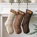 Pawliss Farmhouse Knitted Christmas Stockings: 3 Pack 18 Inch Neutral Cable Knit Fireplace Stockings, Cozy Hanging Xmas Stockings Rustic Stocking Decorations for Family Holiday Décor, Earth Tones