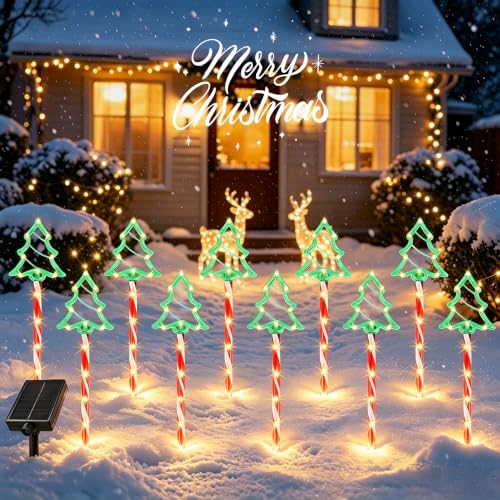 Solar Christmas Tree Pathway Lights Outdoor, 10 Pack Tree Candy Cane Lights by BANBANJO - Used condition - US$34.03