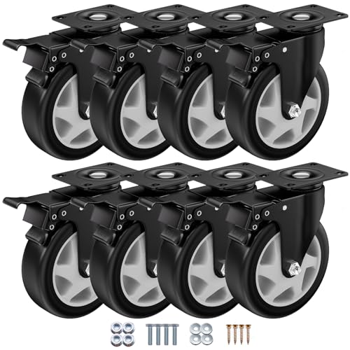 Image of 5 Inch Caster Wheels, Casters Set of 8, ASHGOOB Casters with Brake Heavy Duty, Industrial Locking Swivel Top Plate Castor Wheels for Workbench /Furniture /Cart. （AB Switch, Double Pedal Brake