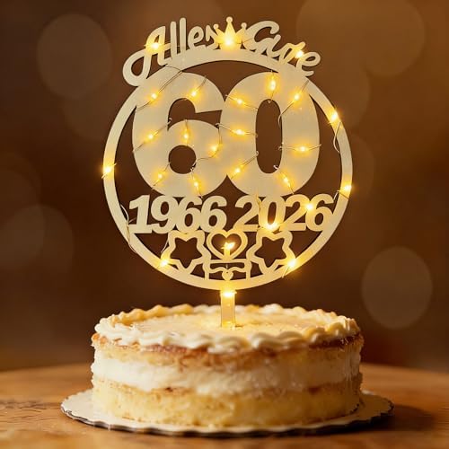 Tortendeko 60 Geburtstag Frau Mann 1966-2026, Seutgjie Deko 60. Geburtstag Jubiläum Hochzeitstag Cake Topper Diamantene Hochzeit Holz mit LED Lichterkette Tortenaufleger Blumenstec