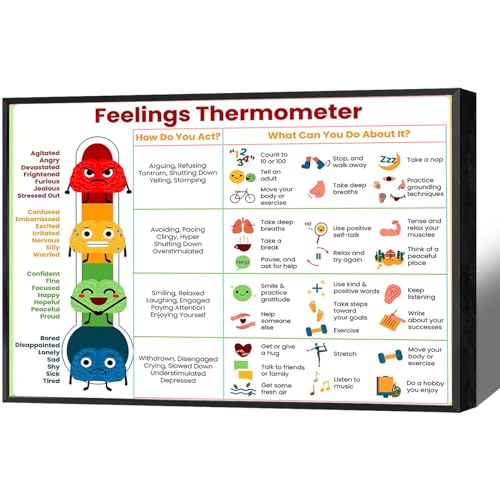 BFADMN Mental Health Feelings Thermometer Chart With Coping Skills - Feelings Emotion Educational Classroom Poster Kids Teens Poster For Therapy Office School Wall Decor Prints 12x16in Framed