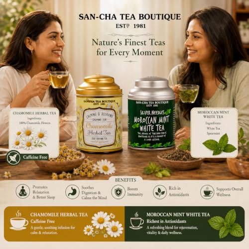 Image of Sancha Tea Boutique, Combo Pack: Chamomile Flower Herbal, 50g & Moroccan Mint White Tea, 25g Loose Leaves, Pure Silver Needle